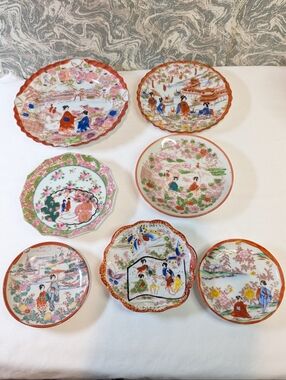 Vintage Japanese Kutani Porcelain Plates Set Of 7